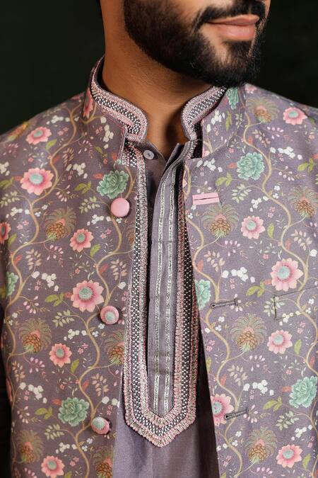 Buy_Label Niti Bothra_Purple Silk, Chanderi Embroidery Botanical Print Nehru Jacket _Online_at_Aza_Fashions