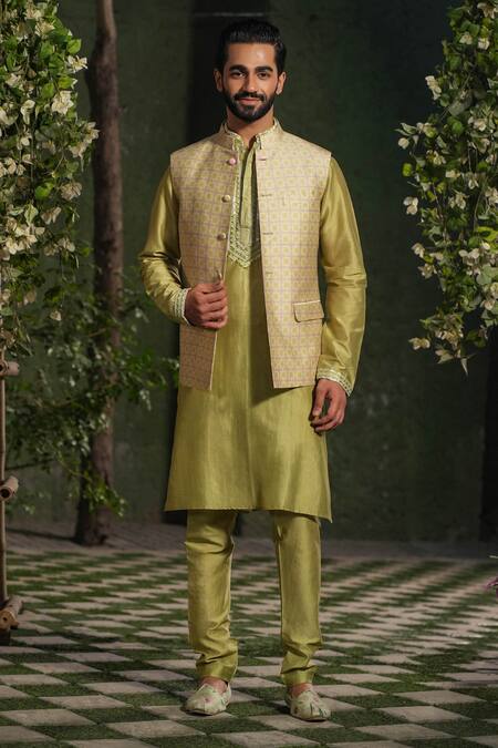 Label Niti Bothra_Green Silk, Chanderi Geometric Print Nehru Jacket _Online_at_Aza_Fashions
