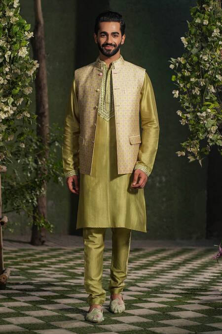 Buy_Label Niti Bothra_Green Silk, Chanderi Geometric Print Nehru Jacket _Online_at_Aza_Fashions