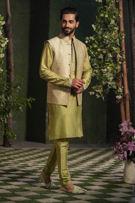 Shop_Label Niti Bothra_Green Silk, Chanderi Geometric Print Nehru Jacket _Online_at_Aza_Fashions