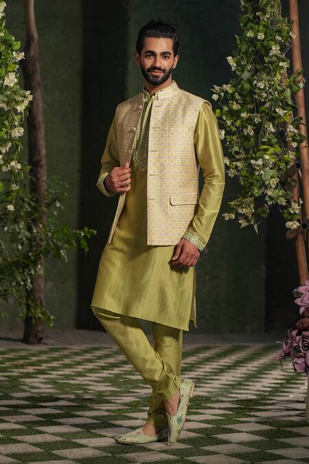 Label Niti Bothra_Green Silk, Chanderi Geometric Print Nehru Jacket _at_Aza_Fashions