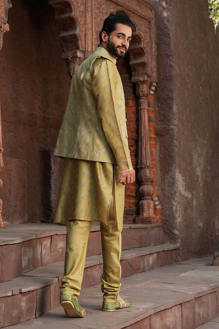 Label Niti Bothra_Green Silk, Chanderi Embroidery Bouquet Print Nehru Jacket _Online_at_Aza_Fashions