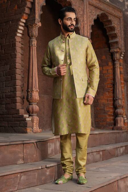 Buy_Label Niti Bothra_Green Silk, Chanderi Embroidery Bouquet Print Nehru Jacket _Online_at_Aza_Fashions