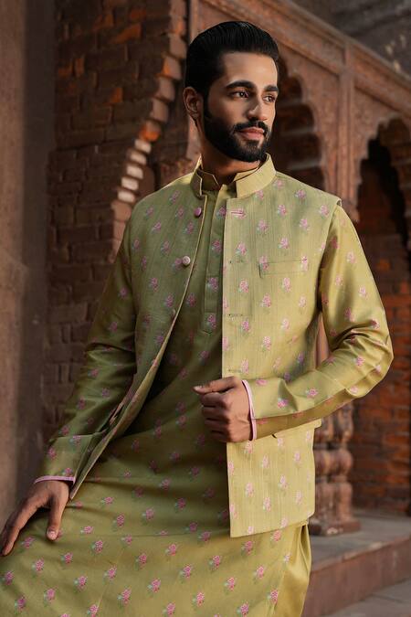 Label Niti Bothra_Green Silk, Chanderi Embroidery Bouquet Print Nehru Jacket _at_Aza_Fashions