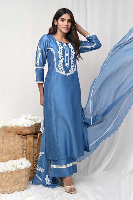 Gulabik Jaipur_Blue Chanderi, Jersey Lace, Embroidery Round Florin Embellished Kurta Pant Set _Online_at_Aza_Fashions