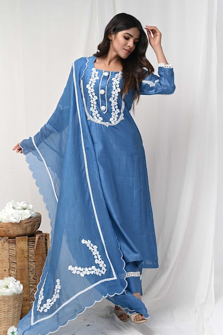 Buy_Gulabik Jaipur_Blue Chanderi, Jersey Lace, Embroidery Round Florin Embellished Kurta Pant Set _Online_at_Aza_Fashions