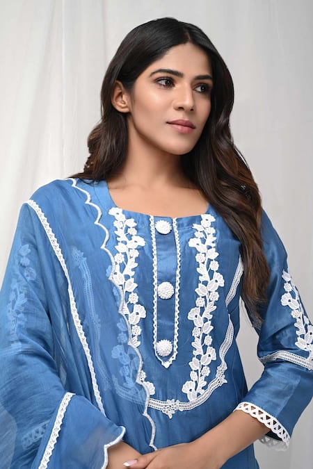 Shop_Gulabik Jaipur_Blue Chanderi, Jersey Lace, Embroidery Round Florin Embellished Kurta Pant Set _Online_at_Aza_Fashions