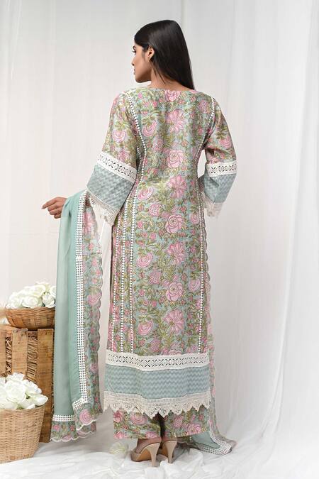 Shop Gulabik Jaipur Green Chanderi Lace Round Neck Flowery Print Embellished Kurta Pant Set at Aza Fashions Shop_Gulabik Jaipur_Green Chanderi Lace Round Neck Flowery Print Embellished Kurta Pant Set_at_Aza_Fashions