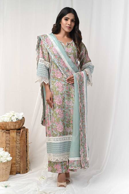 Gulabik Jaipur Green Chanderi Lace Round Neck Flowery Print Embellished Kurta Pant Set Online at Aza Fashions Gulabik Jaipur_Green Chanderi Lace Round Neck Flowery Print Embellished Kurta Pant Set_Online_at_Aza_Fashions