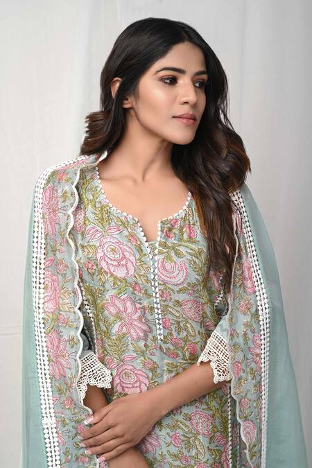 Shop Gulabik Jaipur Green Chanderi Lace Round Neck Flowery Print Embellished Kurta Pant Set Online at Aza Fashions Shop_Gulabik Jaipur_Green Chanderi Lace Round Neck Flowery Print Embellished Kurta Pant Set_Online_at_Aza_Fashions