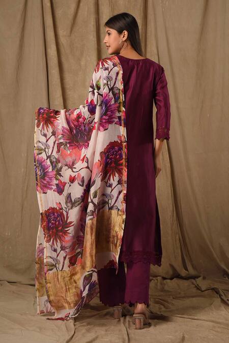 Shop_Gulabik Jaipur_Purple Handloom Cotton, Chiffon Sequins, Lace Round Neck Embellished Kurta Set_at_Aza_Fashions