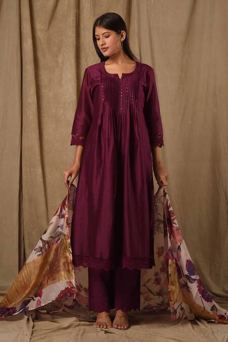 Gulabik Jaipur_Purple Handloom Cotton, Chiffon Sequins, Lace Round Neck Embellished Kurta Set_Online_at_Aza_Fashions