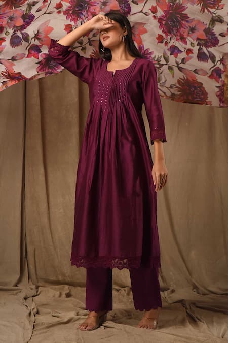 Buy_Gulabik Jaipur_Purple Handloom Cotton, Chiffon Sequins, Lace Round Neck Embellished Kurta Set_Online_at_Aza_Fashions