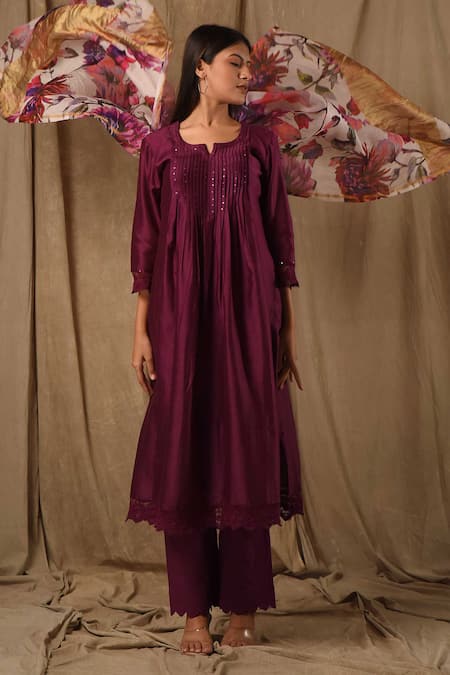 Shop_Gulabik Jaipur_Purple Handloom Cotton, Chiffon Sequins, Lace Round Neck Embellished Kurta Set_Online_at_Aza_Fashions