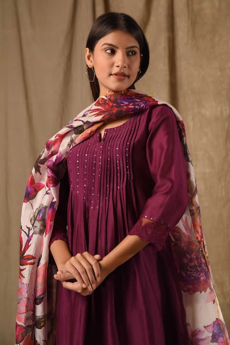 Gulabik Jaipur_Purple Handloom Cotton, Chiffon Sequins, Lace Round Neck Embellished Kurta Set_at_Aza_Fashions