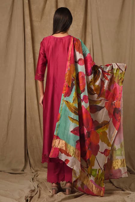 Shop_Gulabik Jaipur_Pink Handloom Cotton, Chanderi, Chiffon Sequins, Work Pintucked Yoke Kurta Set _at_Aza_Fashions