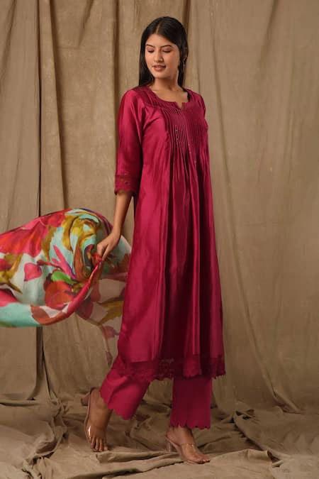 Gulabik Jaipur_Pink Handloom Cotton, Chanderi, Chiffon Sequins, Work Pintucked Yoke Kurta Set _Online_at_Aza_Fashions