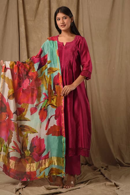 Buy_Gulabik Jaipur_Pink Handloom Cotton, Chanderi, Chiffon Sequins, Work Pintucked Yoke Kurta Set _Online_at_Aza_Fashions