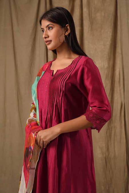 Shop_Gulabik Jaipur_Pink Handloom Cotton, Chanderi, Chiffon Sequins, Work Pintucked Yoke Kurta Set _Online_at_Aza_Fashions