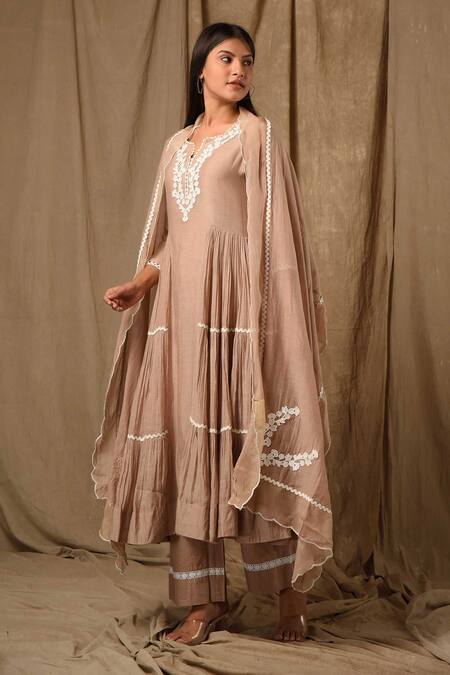 Buy_Gulabik Jaipur_Beige Handloom Cotton, Chanderi Lace, Gul Bloom Embellished Anarkali Set _Online_at_Aza_Fashions