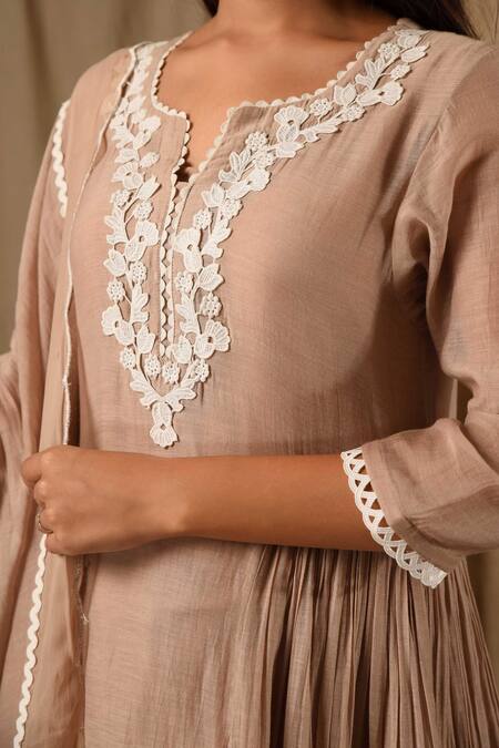 Shop_Gulabik Jaipur_Beige Handloom Cotton, Chanderi Lace, Gul Bloom Embellished Anarkali Set _Online_at_Aza_Fashions