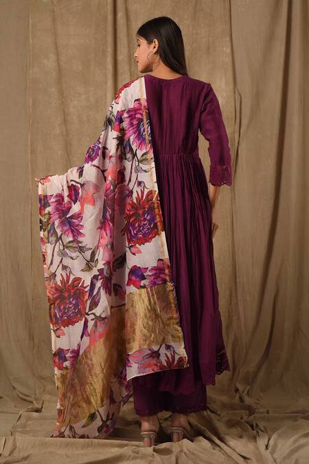 Shop_Gulabik Jaipur_Purple Handloom Cotton, Chanderi Lace, Schiffli Floral Embellished Anarkali Set_at_Aza_Fashions