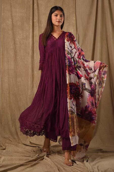 Gulabik Jaipur_Purple Handloom Cotton, Chanderi Lace, Schiffli Floral Embellished Anarkali Set_Online_at_Aza_Fashions