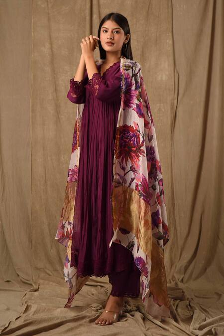 Buy_Gulabik Jaipur_Purple Handloom Cotton, Chanderi Lace, Schiffli Floral Embellished Anarkali Set_Online_at_Aza_Fashions