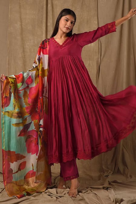 Gulabik Jaipur_Pink Handloom Cotton, Chanderi, Chiffon Schiffli Bloom Embellished Anarkali Set _Online_at_Aza_Fashions