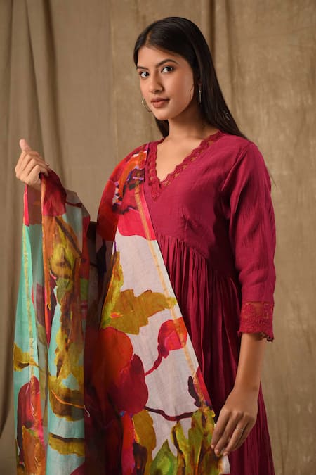 Buy_Gulabik Jaipur_Pink Handloom Cotton, Chanderi, Chiffon Schiffli Bloom Embellished Anarkali Set _Online_at_Aza_Fashions