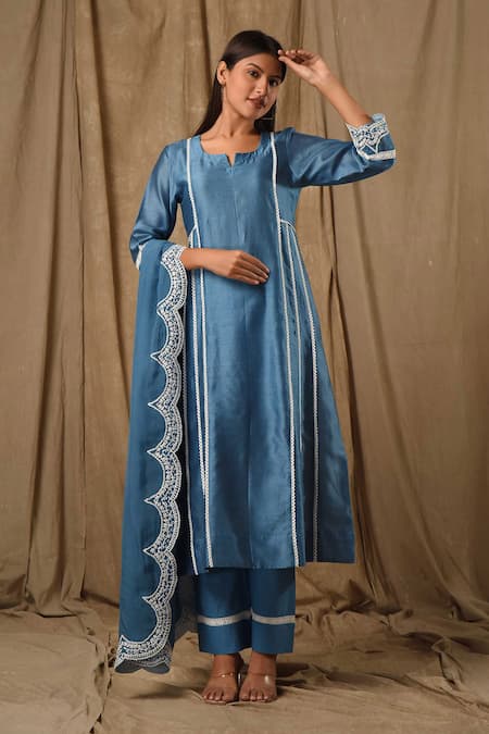 Gulabik Jaipur Blue Handloom Chanderi Embellished Vine Lace Notched Kurta Pant Set  