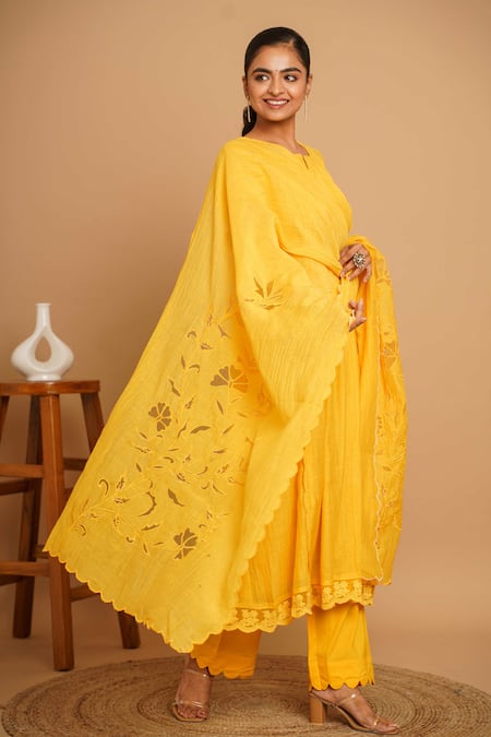 Gulabik Jaipur_Yellow Handloom Cotton, Chanderi Cut Work Round Neck Flora Garden Anarkali Set _Online_at_Aza_Fashions