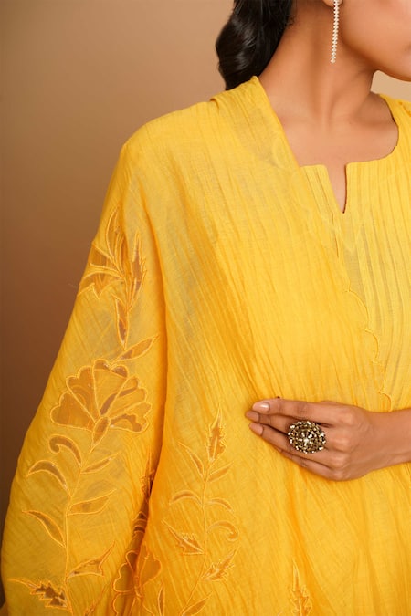 Shop_Gulabik Jaipur_Yellow Handloom Cotton, Chanderi Cut Work Round Neck Flora Garden Anarkali Set _Online_at_Aza_Fashions