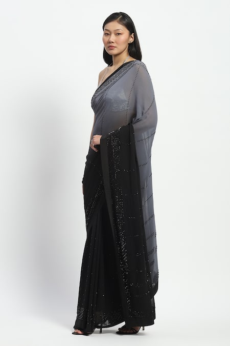 Satya Paul_Black Chiffon Embroidery Moonrabbit Saree With Running Blouse _Online_at_Aza_Fashions
