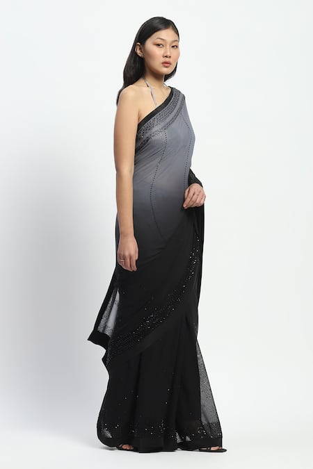 Buy_Satya Paul_Black Chiffon Embroidery Moonrabbit Saree With Running Blouse _Online_at_Aza_Fashions