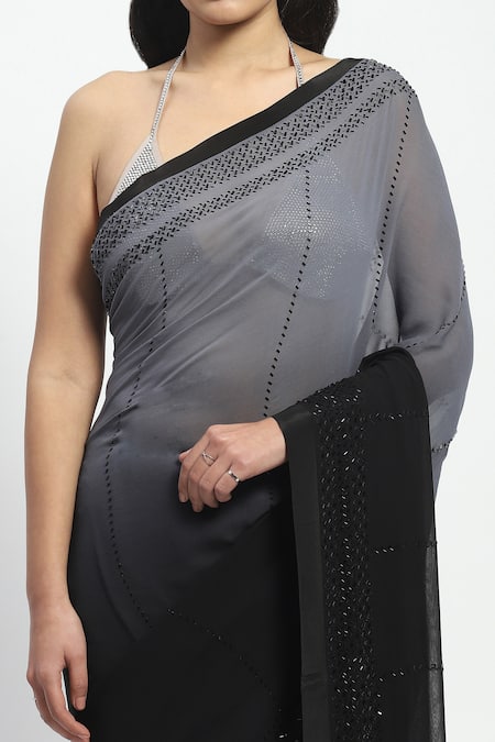 Shop_Satya Paul_Black Chiffon Embroidery Moonrabbit Saree With Running Blouse _Online_at_Aza_Fashions