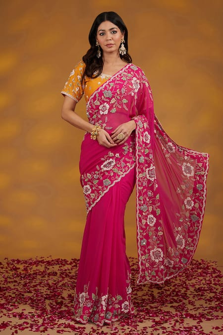 House Of Supriya_Pink Silk, Georgette Tassels, Embroidery Round Neck Floral Saree With Blouse _at_Aza_Fashions