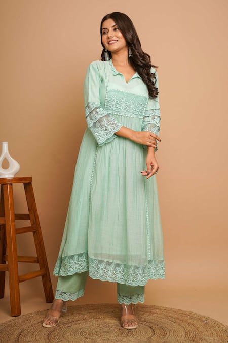 Gulabik Jaipur_Green Chanderi Lace Collared Lily Embellished Kurta With Pant _Online_at_Aza_Fashions