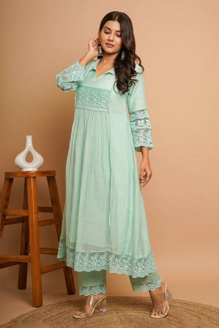 Buy_Gulabik Jaipur_Green Chanderi Lace Collared Lily Embellished Kurta With Pant _Online_at_Aza_Fashions