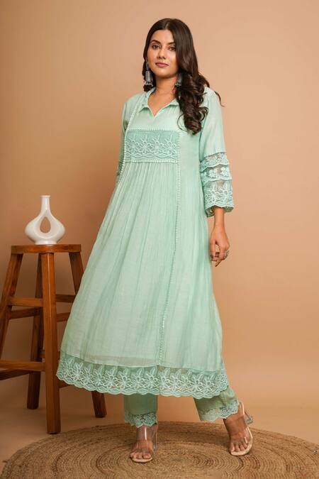 Shop_Gulabik Jaipur_Green Chanderi Lace Collared Lily Embellished Kurta With Pant _Online_at_Aza_Fashions