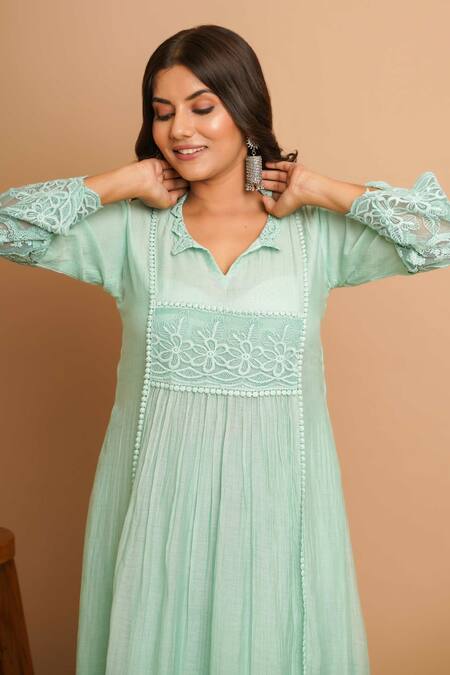 Gulabik Jaipur_Green Chanderi Lace Collared Lily Embellished Kurta With Pant _at_Aza_Fashions