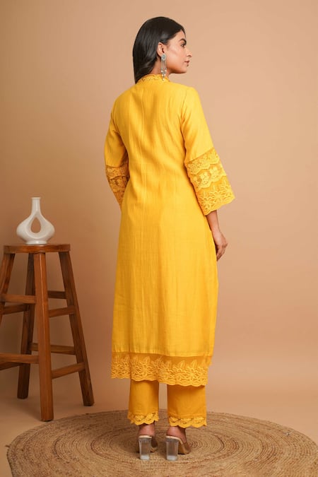 Shop Gulabik Jaipur Yellow Chanderi Lace Collared Buttercup Embellished Kurta With Pant at Aza Fashions Shop_Gulabik Jaipur_Yellow Chanderi Lace Collared Buttercup Embellished Kurta With Pant _at_Aza_Fashions