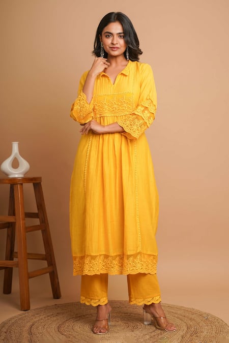 Gulabik Jaipur Yellow Chanderi Lace Collared Buttercup Embellished Kurta With Pant Online at Aza Fashions Gulabik Jaipur_Yellow Chanderi Lace Collared Buttercup Embellished Kurta With Pant _Online_at_Aza_Fashions