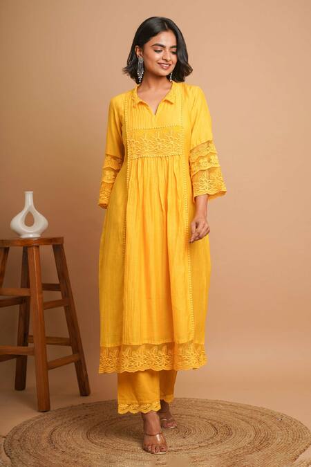 Buy Gulabik Jaipur Yellow Chanderi Lace Collared Buttercup Embellished Kurta With Pant Online at Aza Fashions Buy_Gulabik Jaipur_Yellow Chanderi Lace Collared Buttercup Embellished Kurta With Pant _Online_at_Aza_Fashions