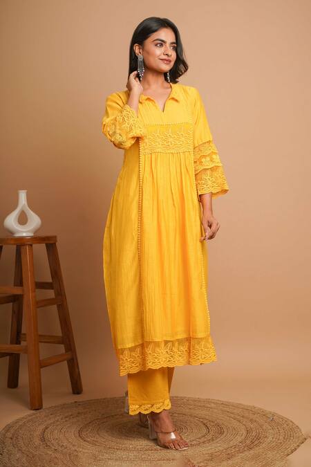 Shop Gulabik Jaipur Yellow Chanderi Lace Collared Buttercup Embellished Kurta With Pant Online at Aza Fashions Shop_Gulabik Jaipur_Yellow Chanderi Lace Collared Buttercup Embellished Kurta With Pant _Online_at_Aza_Fashions