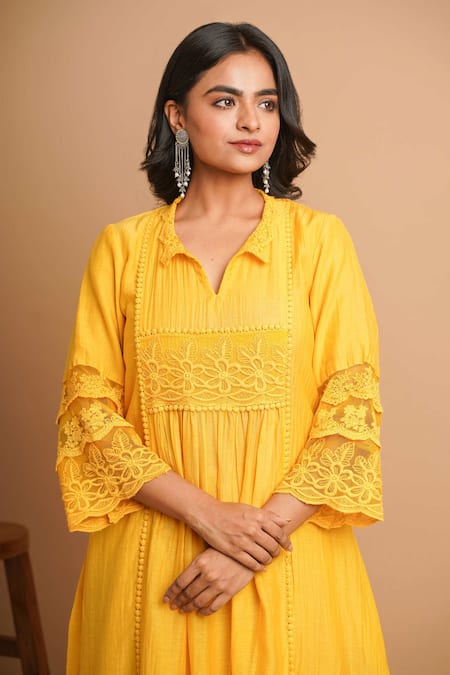 Gulabik Jaipur Yellow Chanderi Lace Collared Buttercup Embellished Kurta With Pant at Aza Fashions Gulabik Jaipur_Yellow Chanderi Lace Collared Buttercup Embellished Kurta With Pant _at_Aza_Fashions