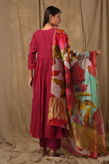 Gulabik Jaipur Schiffli Bloom Lace Embellished Anarkali Set 