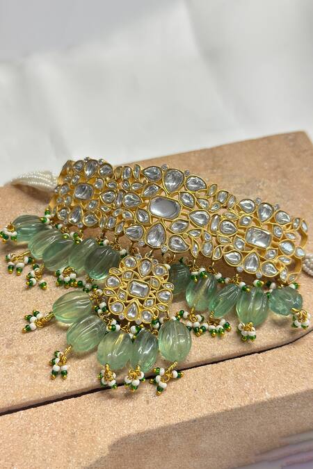 Buy_Osvag India_Gold Plated Crystals, Pearls Floral Polki Embellished Choker Set _Online_at_Aza_Fashions