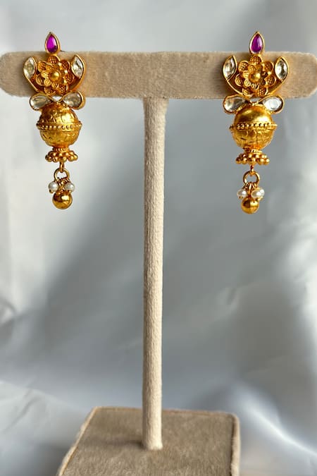 Osvag India Gold Plated Crystal Floral Cutwork Dangler Earrings 