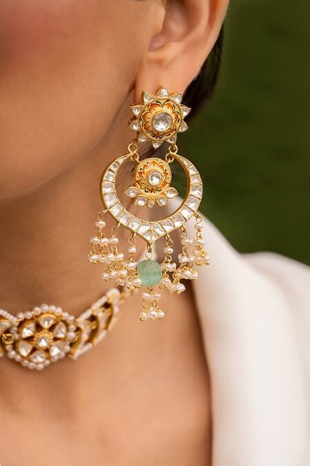 Osvag India_Gold Plated Crystals, Diamonds Polki Embellished Chandbali Earrings _Online_at_Aza_Fashions